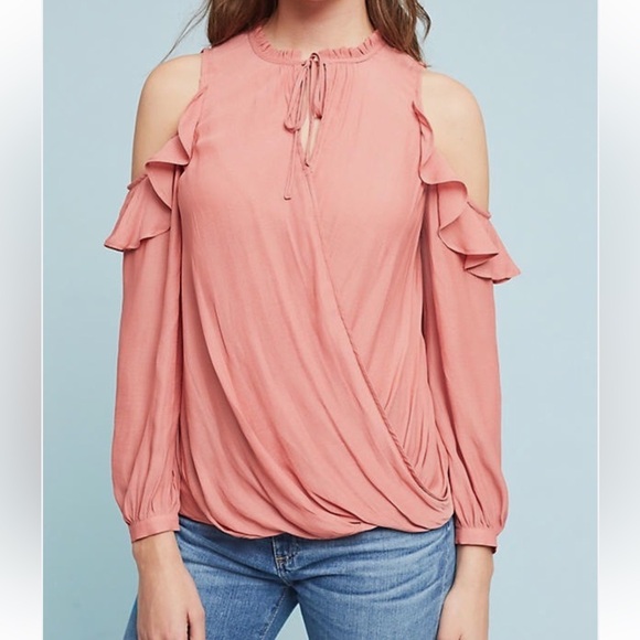 Maeve Tops - Maeve Orange Ruffled Blouse- Anthropologie Maeve cold shoulder top Dusty Rose